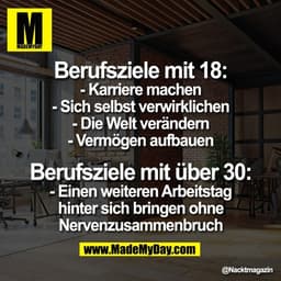 Berufsziele mit 18:
- Karriere machen
- Sich selbst verwirklichen
- Die Welt verändern
- Vermögen aufbauen

Berufsziele 