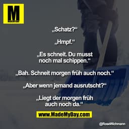 „Schatz?“

„Hmpf.“

„Es schneit. Du musst
noch mal schippen.“

„Bah. Schneit morgen früh auch noch.“

„Aber wenn jemand 