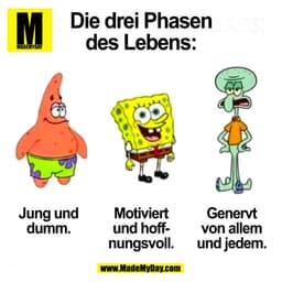Die drei Phasen
des Lebens:
Jung und dumm.
Motiviert und hoffnungsvoll.
Genervt von allem und jedem.
(BILD)