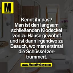 Kennt ihr das?
Man ist den langsam
schließenden Klodeckel
von zu Hause gewohnt
und ist dann irgendwo zu
Besuch, wo man e