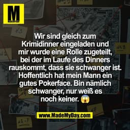 Wir sind gleich zum
Krimidinner eingeladen und
mir wurde eine Rolle zugeteilt,
bei der im Laufe des Dinners
rauskommt, d