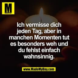 Ich vermisse dich
jeden Tag, aber in
manchen Momenten tut
es besonders weh und
du fehlst einfach
wahnsinnig.