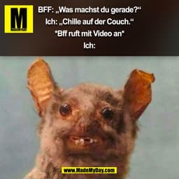 BFF: „Was machst du gerade?“

Ich: „Chille auf der Couch.“

*Bff ruft mit Video an*

Ich:
(BILD)