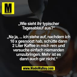 „Wie sieht ihr typischer
Tagesablauf aus?“

„Na ja, ... ich stehe auf, nachdem ich
10 x gesnoozt hab, schütte dann
2 Lit