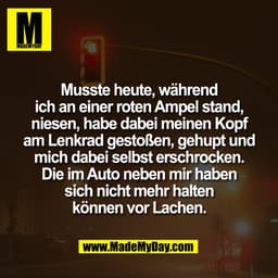 Musste heute, während
ich an einer roten Ampel stand,
niesen, habe dabei meinen Kopf
am Lenkrad gestoßen, gehupt und
mic