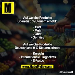 Auf welche Produkte
Spanien 0 % Steuern erhebt: 

- Brot 
- Mehl 
- Obst 
- Gemüse

Auf welche Produkte
Deutschland 0 % 