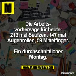 Die Arbeits-
vorhersage für heute:
213 mal Seufzen, 147 mal
Augenrollen, 59 Mittelfinger.

Ein durchschnittlicher
Montag