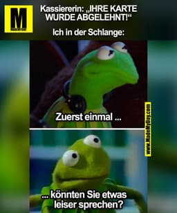 Kassiererin: „IHRE KARTE
WURDE ABGELEHNT!"
Ich in der Schlange:
Zuerst einmal ...
... könnten Sie etwas
leiser sprechen?
