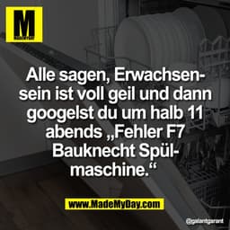Alle sagen, Erwachsensein ist voll geil und dann
googelst du um halb 11
abends „Fehler F7
Bauknecht Spülmaschine."
@gala