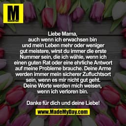 Liebe Mama, 
auch wenn ich erwachsen bin 
und mein Leben mehr oder weniger
gut meistere, wirst du immer die erste
Nummer