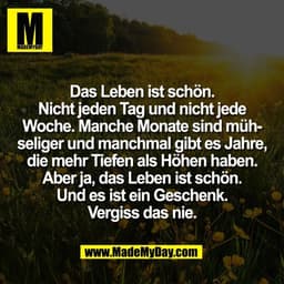 Das Leben ist schön.
Nicht jeden Tag und nicht jede
Woche. Manche Monate sind mühseliger und manchmal gibt es Jahre,
die