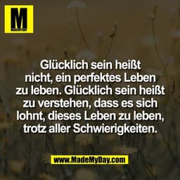 Glücklich sein heißt
nicht, ein perfektes Leben
zu leben. Glücklich sein heißt
zu verstehen, dass es sich
lohnt, dieses 
