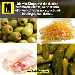 Die vier Dinge, auf die du dich
verlassen kannst, wenn du am
offenen Kühlschrank stehst und
überlegst, was du isst.
(BIL