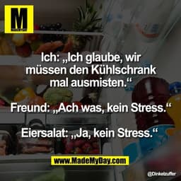 Ich: „Ich glaube, wir
müssen den Kühlschrank
mal ausmisten.“

Freund: „Ach was, kein Stress.“

Eiersalat: „Ja, kein Stre