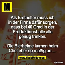 Als Ersthelfer muss ich
in der Firma dafür sorgen,
dass bei 40 Grad in der
Produktionshalle alle
genug trinken.

Die Bie
