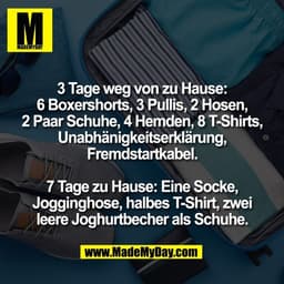 3 Tage weg von zu Hause:
6 Boxershorts, 3 Pullis, 2 Hosen,
2 Paar Schuhe, 4 Hemden, 8 T-Shirts,
Unabhänigkeitserklärung,