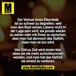Der Verlust eines Elternteils
ist so schwer zu begreifen, weil
man den Rest seines Lebens nicht in
der Lage sein wird, s