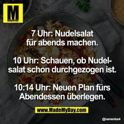 7 Uhr: Nudelsalat
für abends machen.

10 Uhr: Schauen, ob Nudel-
salat schon durchgezogen ist.

10:14 Uhr: Neuen Plan fü