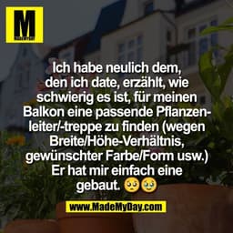 Ich habe neulich dem,
den ich date, erzählt, wie
schwierig es ist, für meinen
Balkon eine passende Pflanzen-
leiter/-tre