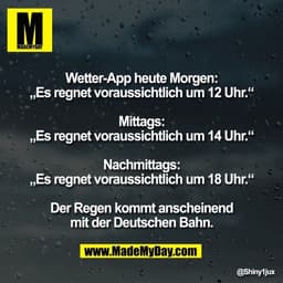 Wetter-App heute Morgen:
„Es regnet voraussichtlich um 12 Uhr.“

Mittags:
„Es regnet voraussichtlich um 14 Uhr.“

Nachmi