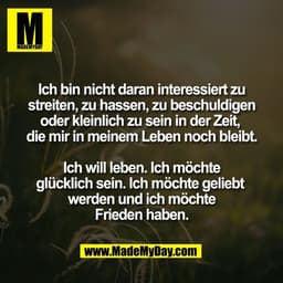 Ich bin nicht daran interessiert zu
streiten, zu hassen, zu beschuldigen
oder kleinlich zu sein in der Zeit, 
die mir in