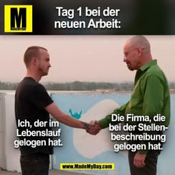 Tag 1 bei der
neuen Arbeit:
Ich, der im
Lebenslauf
gelogen hat.
Die Firma, die
bei der Stellen-
beschreibung
gelogen hat