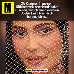 Die Orangen in meinem
Kühlschrank, wie sie mir dabei
zusehen, wie ich einen weiteren
Joghurt zum Nachtisch
herausnehme.
