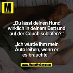 „Du lässt deinen Hund
wirklich in deinem Bett und
auf der Couch schlafen?“

„Ich würde ihm mein
Auto leihen, wenn er
es 