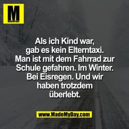 Als ich Kind war,
gab es kein Elterntaxi.
Man ist mit dem Fahrrad zur
Schule gefahren. Im Winter.
Bei Eisregen. Und wir
