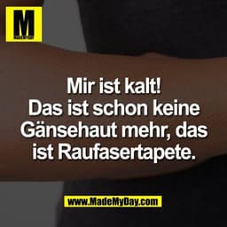 Mir ist kalt!
Das ist schon keine
Gänsehaut mehr, das
ist Raufasertapete.