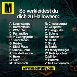 So verkleidest du dich zu Halloween: 
A: Lauchstange 
B: Horrorclown 
C: WC-Ente 
D: Pummelfee 
E: In Zwangsjacke
F: Sai