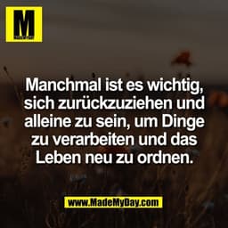 Manchmal ist es wichtig,
sich zurückzuziehen und
alleine zu sein, um Dinge
zu verarbeiten und das
Leben neu zu ordnen.