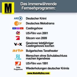 Das immerwährende
Fernsehprogramm:
Deutscher Krimi
Deutsches Melodrama
Castingshow
US-Film von 2001
Sitcom von 2009
Gewi
