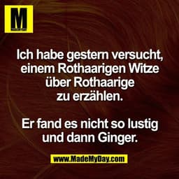 Ich habe gestern versucht,
einem Rothaarigen Witze
über Rothaarige
zu erzählen.

Er fand es nicht so lustig
und dann Gin
