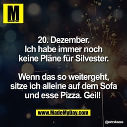 20. Dezember.
Ich habe immer noch
keine Pläne für Silvester.

Wenn das so weitergeht,
sitze ich alleine auf dem Sofa
und