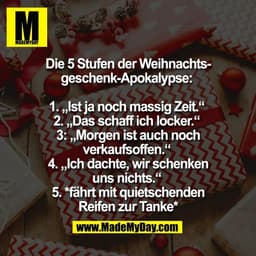Die 5 Stufen der Weihnachts-
geschenk-Apokalypse: 

1. „Ist ja noch massig Zeit.“ 
2. „Das schaff ich locker.“ 
3: „Morg
