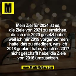 Mein Ziel für 2024 ist es,
die Ziele von 2021 zu erreichen,
die ich mir 2020 gesetzt habe,
weil ich mir 2019 vorgenommen