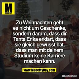 Zu Weihnachten geht
es nicht um Geschenke,
sondern darum, dass dir
Tante Erika erklärt, dass
sie gleich gewusst hat,
das