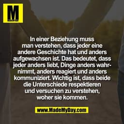 In einer Beziehung muss
man verstehen, dass jeder eine
andere Geschichte hat und anders
aufgewachsen ist. Das bedeutet, 