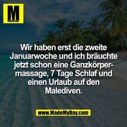 Wir haben erst die zweite
Januarwoche und ich bräuchte
jetzt schon eine Ganzkörper-
massage, 7 Tage Schlaf und
einen Url