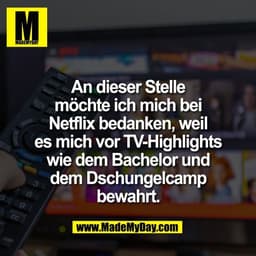 An dieser Stelle
möchte ich mich bei
Netflix bedanken, weil
es mich vor TV-Highlights
wie dem Bachelor und
dem Dschungel