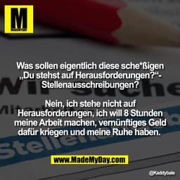 Was sollen eigentlich diese sche*ßigen
„Du stehst auf Herausforderungen?“-
Stellenausschreibungen?

Nein, ich stehe nich