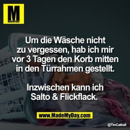 Um die Wäsche nicht
zu vergessen, hab ich mir
vor 3 Tagen den Korb mitten
in den Türrahmen gestellt.

Inzwischen kann ic