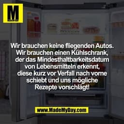 Wir brauchen keine fliegenden Autos.
Wir brauchen einen Kühlschrank,
der das Mindesthaltbarkeitsdatum
von Lebensmitteln 