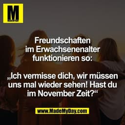 Freundschaften
im Erwachsenenalter
funktionieren so:

„Ich vermisse dich, wir müssen
uns mal wieder sehen! Hast du
im No