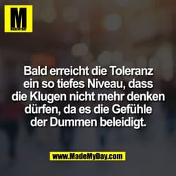 Bald erreicht die Toleranz
ein so tiefes Niveau, dass
die Klugen nicht mehr denken
dürfen, da es die Gefühle
der Dummen 