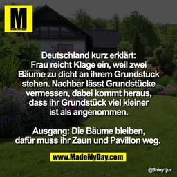 Deutschland kurz erklärt:
Frau reicht Klage ein, weil zwei
Bäume zu dicht an ihrem Grundstück
stehen. Nachbar lässt Grun
