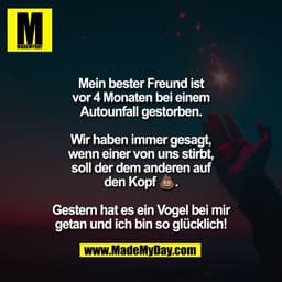 Mein bester Freund ist
vor 4 Monaten bei einem
Autounfall gestorben.

Wir haben immer gesagt,
wenn einer von uns stirbt,