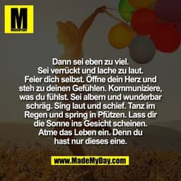 Dann sei eben zu viel.
Sei verrückt und lache zu laut.
Feier dich selbst. Öffne dein Herz und
steh zu deinen Gefühlen. K
