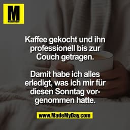 Kaffee gekocht und ihn
professionell bis zur
Couch getragen.

Damit habe ich alles
erledigt, was ich mir für
diesen Sonn